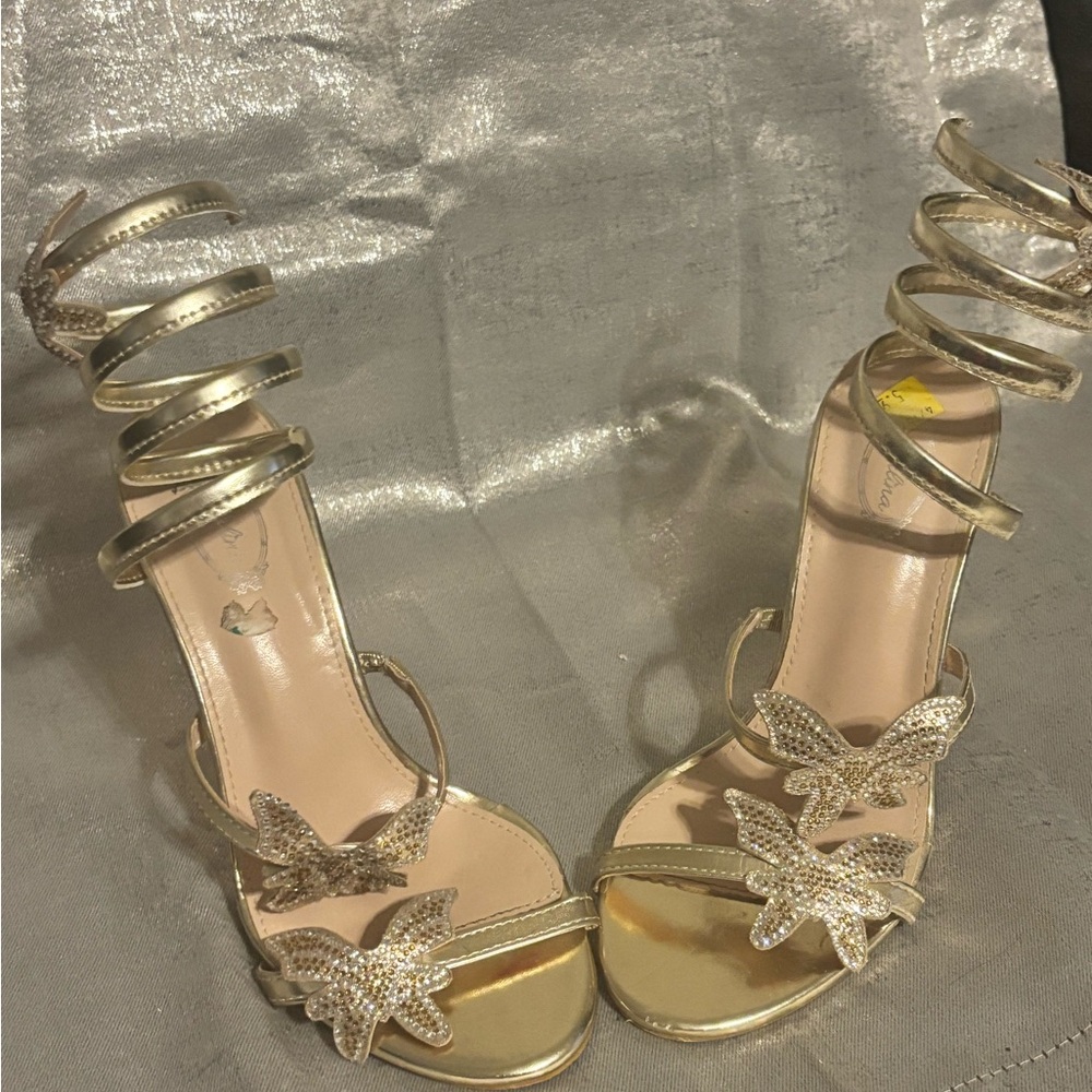 Elegant Gold Strappy Atalina Heels with Butterfly Accents
